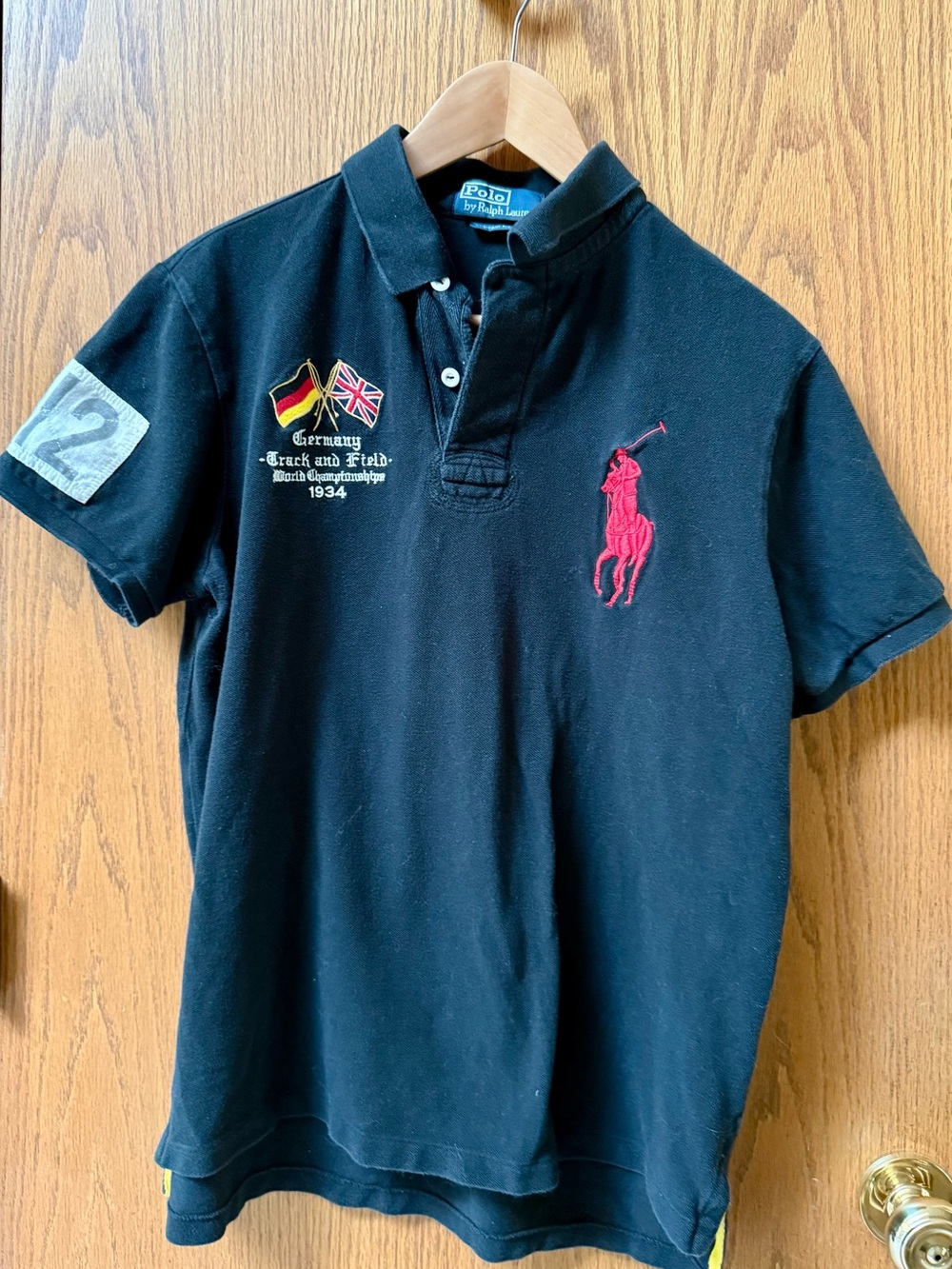 Polo by Ralph Lauren Black Polo Shirt with Red Pony & Multicolor Flags RARE